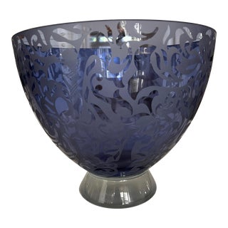 2002 Michael Weems Signed Large Blue Etched Glass Bowl For Sale