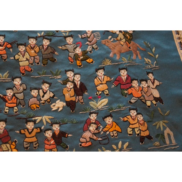 Blue 1950s Chinese Silk Embroidered Baizi 100 Children Playing in Spring For Sale - Image 8 of 9