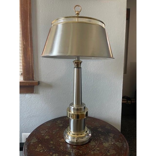 Striking vintage banker’s lamp in brushed steel and polished brass, complete with its original flat brown cord and mid-...