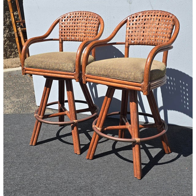 Coastal Pair of Vintage McGuire Bamboo Woven Leather Swivel Bar Stools Barstool For Sale - Image 3 of 15