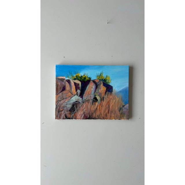 Vintage cactus flower rock landscape oil pastel on stretched canvas. Recovered from an estate sale this piece is rife with...