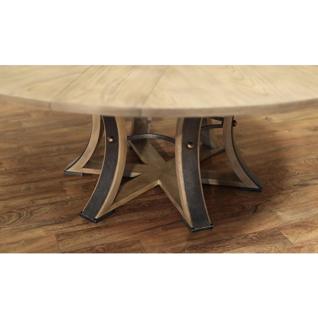 64"-84" Round Transitional Gray Oak Jupe Table With Hammered Iron Pedestal Base. For Sale - Image 4 of 9