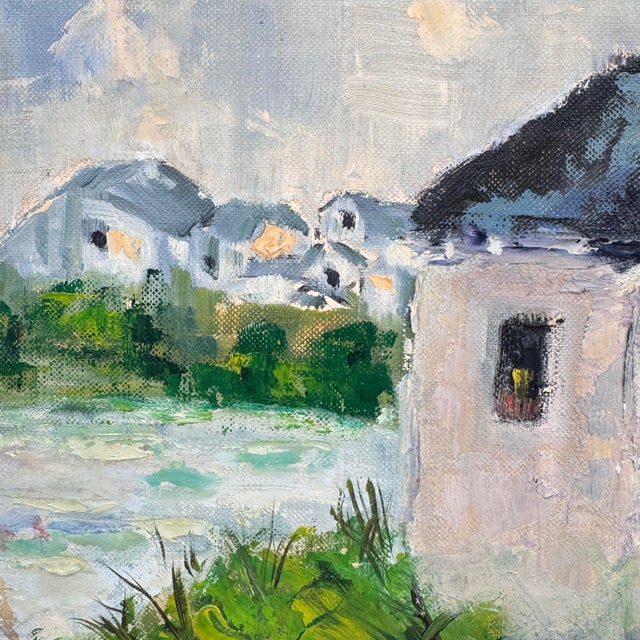 Textile Vintage Original Coastal Waterfront Landscape Oil Painting For Sale - Image 7 of 12