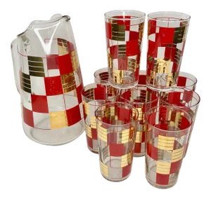 Vintage Gilt and Red Checkerboard Cocktail Set With Pitcher