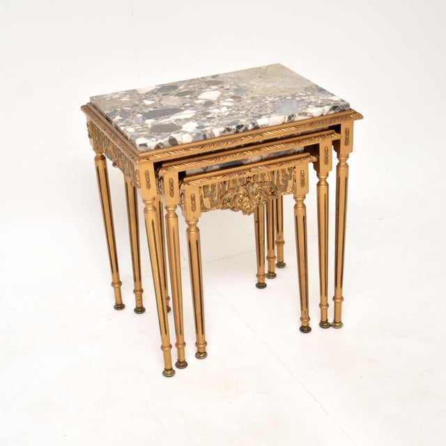 Antique French Gilt Wood Nesting Tables with Marble Tops, 1930, Set of 3 For Sale - Image 3 of 13
