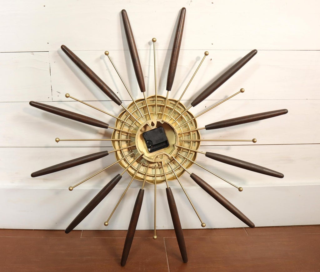 Vintage Robert Shaw Lux Starburst Wall Clock Walnut Wood Gold Mid