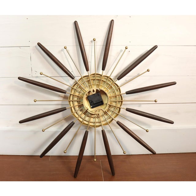 Mid-Century Modern Vintage Robert Shaw Lux Starburst Wall Clock Walnut Wood Gold Mid Century Modern Atomic Retro 60's 70's For Sale - Image 3 of 6