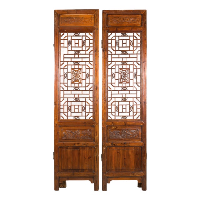Pair of Antique Chinese Carved Elm Lattice Screens with Figural Motifs For Sale