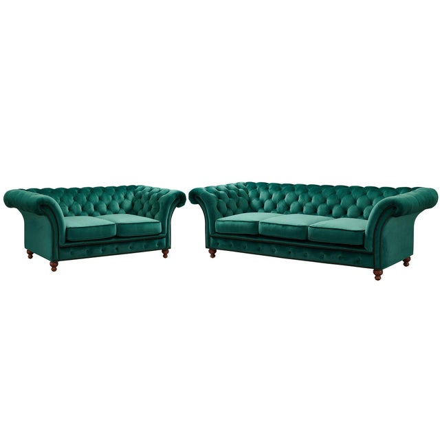 "Peyton Green Velvet Chesterfield Sofa – Luxe Design &amp; Comfort - Crafters and Weavers Elevate your living room with...