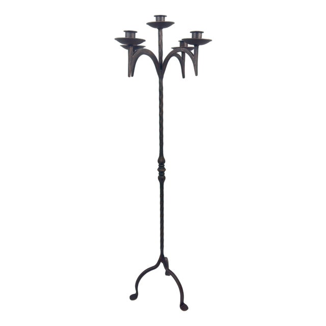 Hand Forged Iron Floor Candelabra 49″ (124cm) Antique Copper Patina 5-Arm Classic Candle Holder Gothic Church Decor For Sale