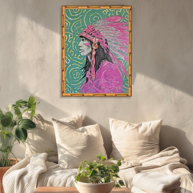 Native American Pop Art Native American Portrait Painting Pink Feather Headdress Western Art Original Acrylic by Tatiana Duperault For Sale - Image 3 of 4