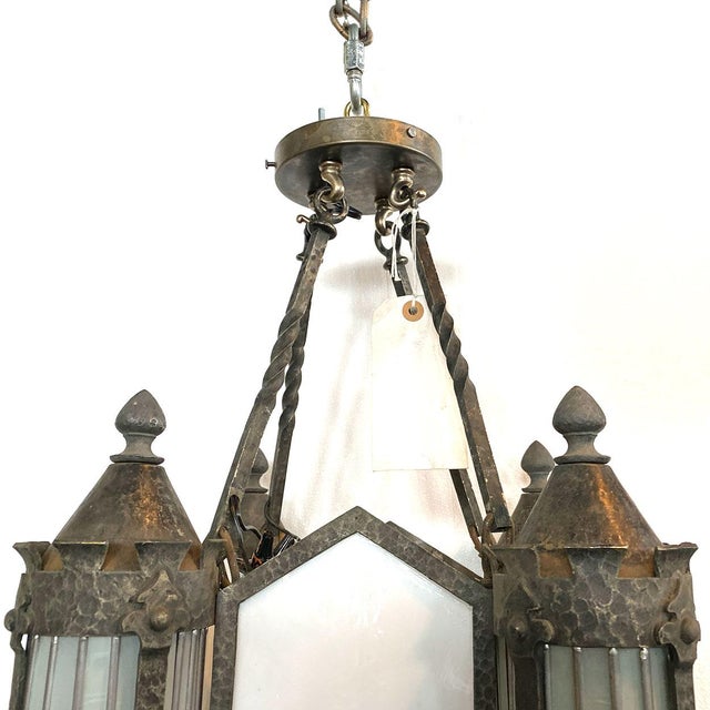 Metal Vintage American Albert Sechrist Wrought Iron, Glass Eight-Light Pendant Lantern For Sale - Image 7 of 12