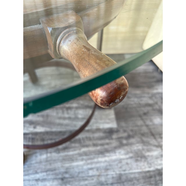 A Pair of Vintage Handcrafted Ship's Wheel Glass Top Side Tables. Circa 1970s For Sale - Image 10 of 18