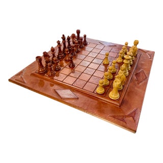 Leather Chess Set With Carved Wooden Pieces, Italy, 1960s–1970s For Sale