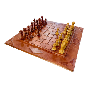 Leather Chess Set With Carved Wooden Pieces, Italy, 1960s–1970s