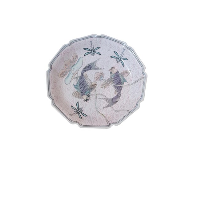 Vintage ceramic octagonal shaped koi and dragonfly dish. Asian inspired