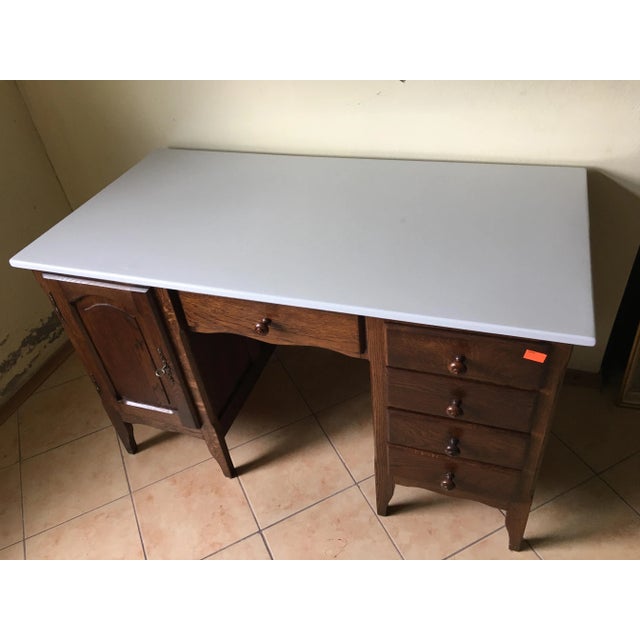 Oak desk 1970s after renovation in dark oak color, semi-matte varnish. The top is white gloss. Dimensions: width 126 cm,...