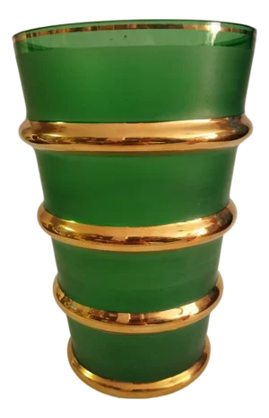Vintage Czech Bohemian Green and Gold Bands Glass Vase, 1960s
