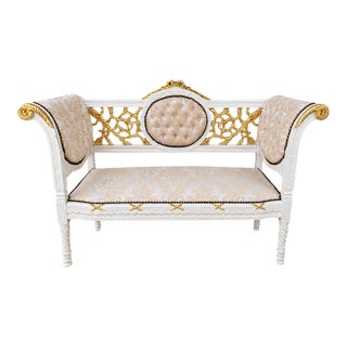 French Louis XVI Style White Settee With Gold Leaf Details – Tufted Damask Upholstered Loveseat For Sale