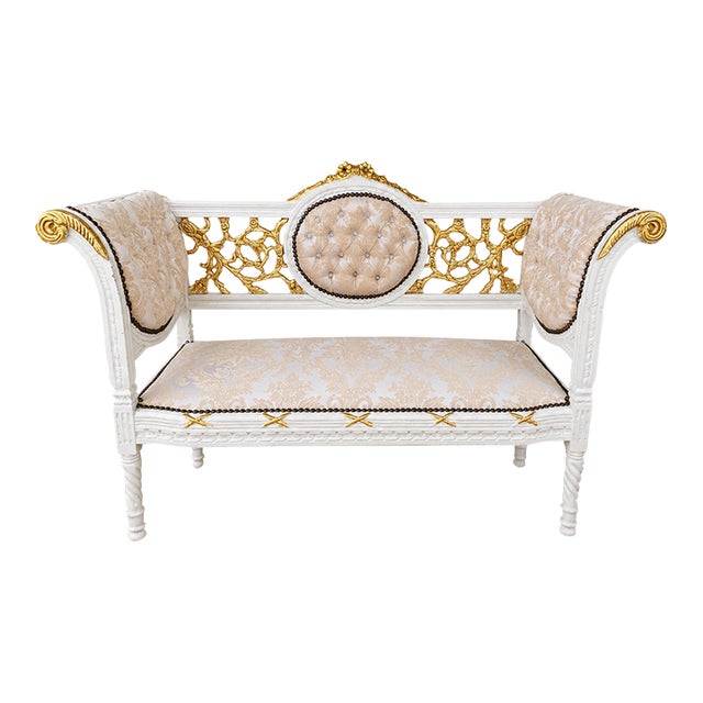 French Louis XVI Style White Settee With Gold Leaf Details – Tufted Damask Upholstered Loveseat For Sale