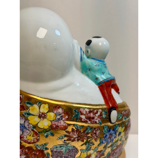 Wood Vintage Large Hand Painted Ceramic Chinese Famille Rose Laughing Buddha on Laquered Base For Sale - Image 7 of 14