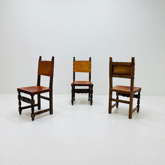 Antique Swedish Folk Art Farm Country Dining Chairs In Pine And Tan Leather 1890s Absolutely beautiful set of four late...