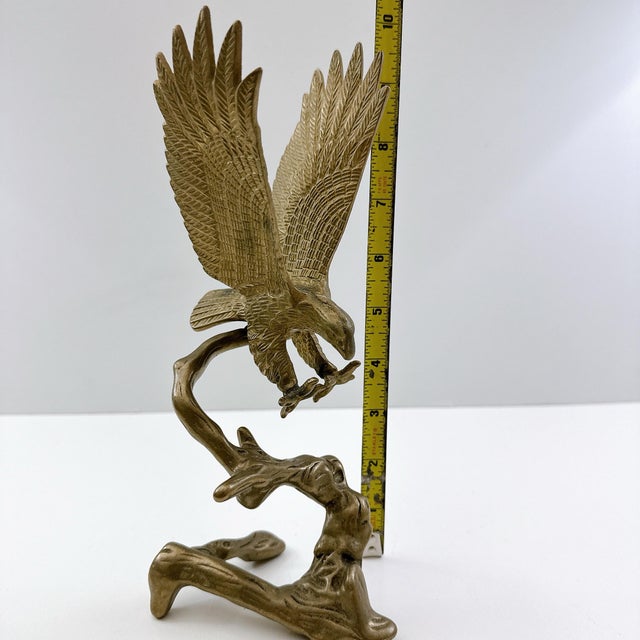 Metal Vintage Brass Eagle Sculpture on Driftwood Base | Mid Century Bald Eagle Figurine | Hollywood Regency Bird Statue | Wildlife Desk Decor For Sale - Image 7 of 9