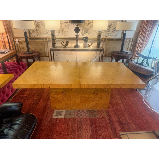 Milo Baughman Style Burl Wood Extendable Pedestal Dining Table For Sale In Dallas - Image 6 of 15