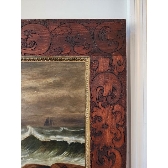 Brown 19th Century Dramatic Seascape Painting in Antique Arts & Crafts Pyrography Frame For Sale - Image 8 of 18