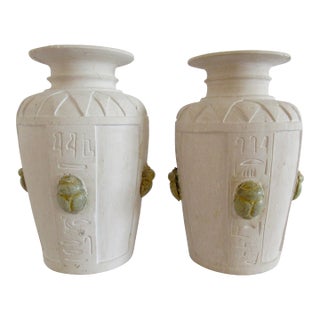 Vintage Egyptian-Style Terra Cotta, Scarab Motif Vases/Urns - Pair For Sale