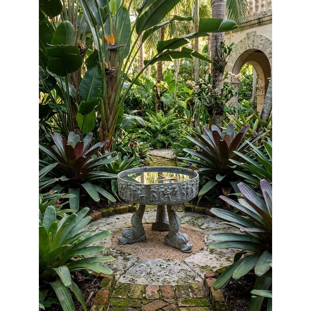 Vintage Neoclassical Relief-Carved Lead Garden Planter on Dolphin Tripod Base For Sale - Image 9 of 10