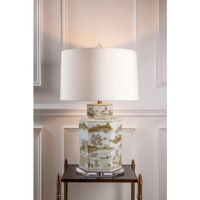 Name: Canton Large Hex Lamp Brown Size: 32"H x 20"dia Canton is our chinoiserie inspired Asian scenic tableau in brown and...
