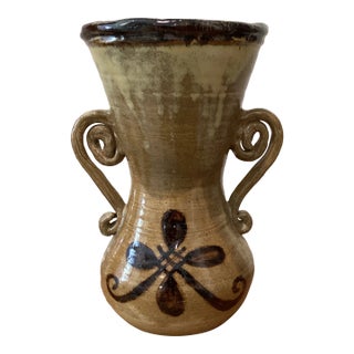 Mid Century Large Ceramic Amphora Pottery Art Nouveau Vase With Complex Handles For Sale