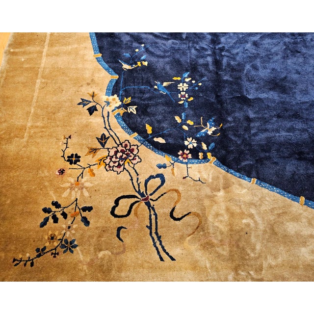 Antique Art Deco Chinese Oversized Rug, Handwoven Wool, Cranes & Butterflies Design, Navy & Tan, 14' X 19' For Sale - Image 11 of 17