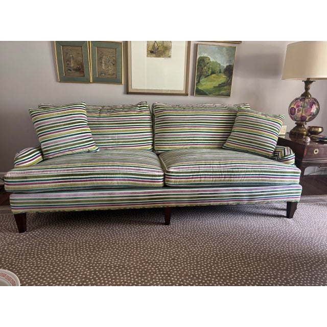 Showstopping velvet striped sofa in luxurious Manuel Canovas fabric! Classic, yet whimsical. I’m downsizing and it’s ready...