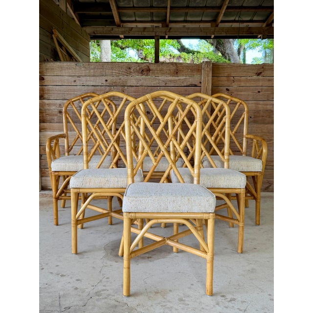 Set of Six Vintage Boho Rattan Dining Chairs With Chippendale Style Lattice Backs For Sale - Image 12 of 12