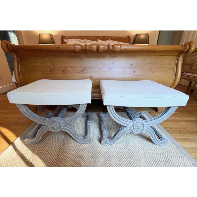 Custom French Grey Painted Neo-Classic X-Style Benches, a Pair For Sale - Image 13 of 14