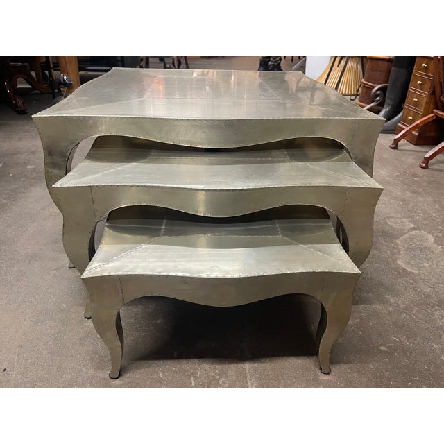 Transitional Louise Art Deco Industrial Style Metal-Clad Nesting Coffee Tables by Paul Mathieu—Set of Three For Sale - Image 3 of 12