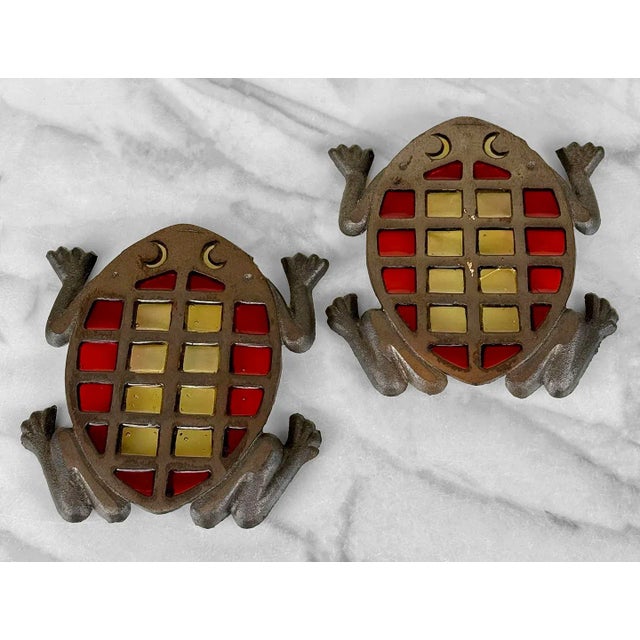Boho Chic Vintage Stained Glass Cast Iron Frog Barware Drink Coaster Trivet - a Pair For Sale - Image 3 of 10
