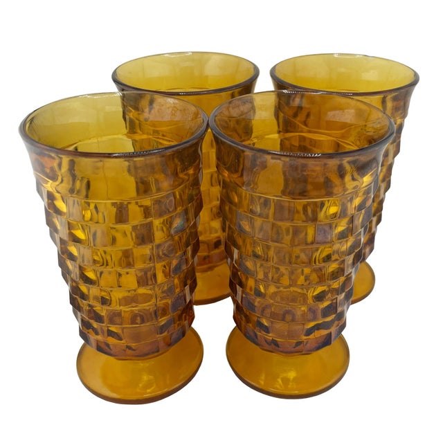 Mid 20th Century Set of Four Mid-Century Amber Glass Goblets in Textured Honeycomb Pattern For Sale In Oklahoma City - Image 6 of 7
