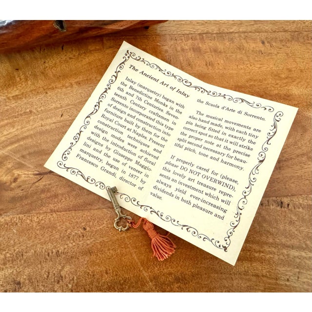 Brown 1980s Vintage Italian Marquetry Rose-Hued Jewelry Music Box With Key For Sale - Image 8 of 9