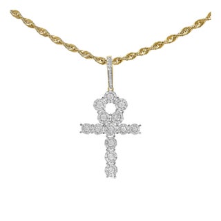 Men's 10K Yellow Gold 1 3/4 Cttw Diamond Cluster Ankh Cross Pendant Necklace - 18" Inches For Sale