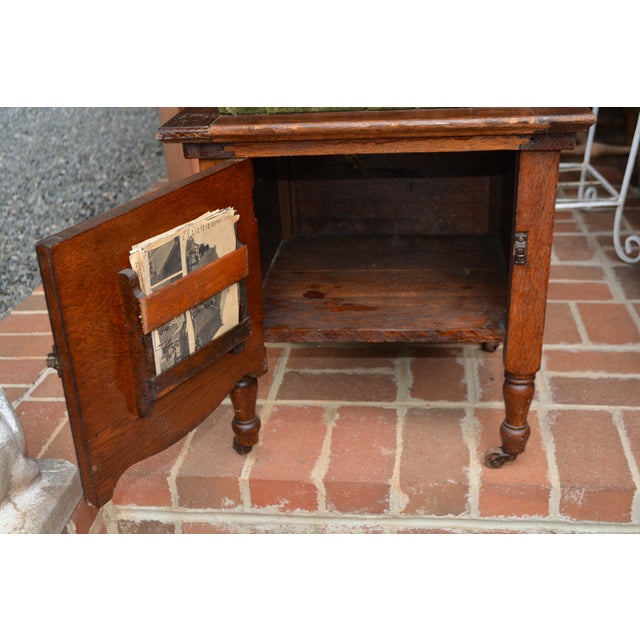 Antique English Oak Wood Commode Potty Chamber Pot Cupboard W/ Cushioned Top For Sale - Image 10 of 16