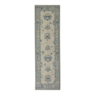 Blue & Cream Handwoven Turkish Oushak Runner 2'5" X 7'6" For Sale