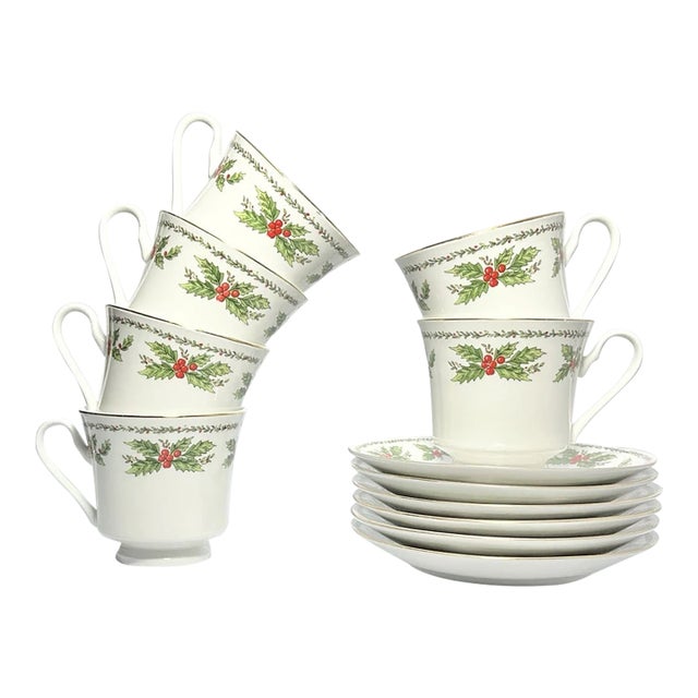 1990s 6 Christmas “Holly” Porcelain Teacups & Saucers For Sale
