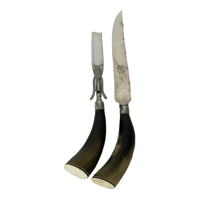 Vintage Cutlery Serving Knife and Fork With Horn Handles For Sale