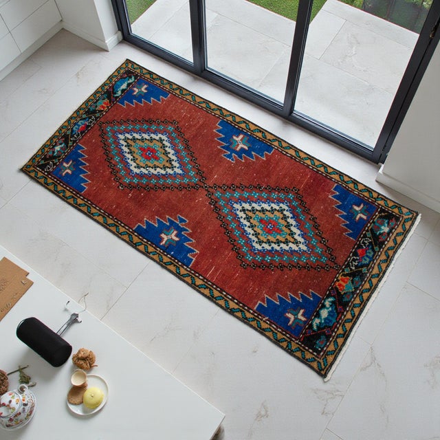 a Vintage Turkish Small yastik rug, perfect for entryway, bath or in front of the kitchen sink. Dimension: 20" x 40" or 1...