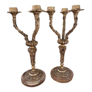 Pair of Vintage Ornate Brass 3-Arm Candelabra With Onyx Bases, 14” For Sale