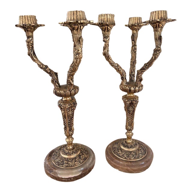 Pair of Vintage Ornate Brass 3-Arm Candelabra With Onyx Bases, 14” For Sale