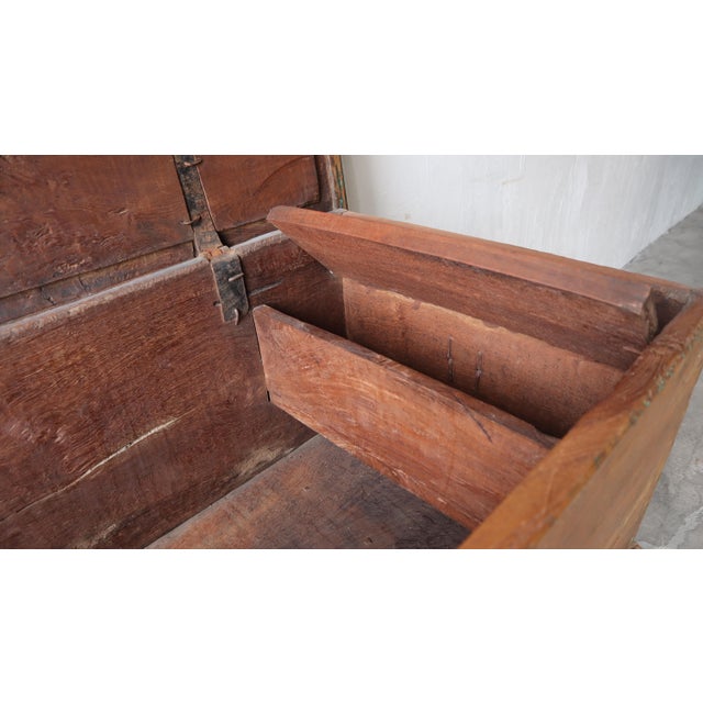 Massive 5ft Antique Carved Teak Wheeled Dowry Chest For Sale - Image 11 of 11